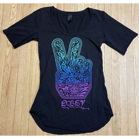 Womens S OBEY Shepard Fairey Black Peace Sign Graphic Short Sleeve Tee Shirt - Picture 1 of 4